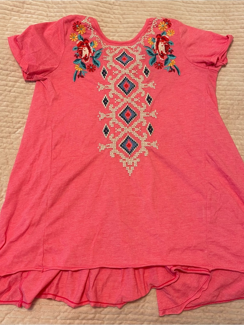 Johnny Was Los Angeles Embroidered Pink Floral and Tribal Top